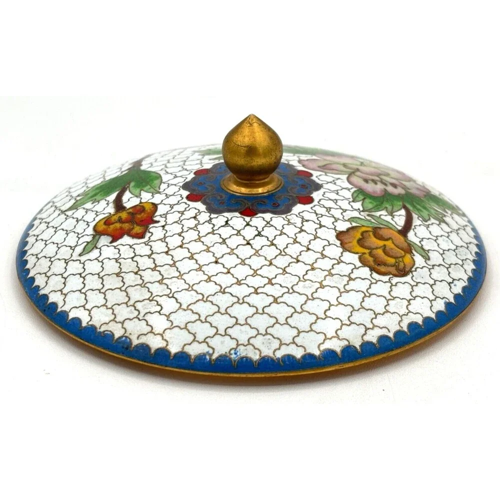 Vintage Chinese Cloisonné Enamel on Bronze Lidded Bowl Trinket Dish‎ Floral Teal